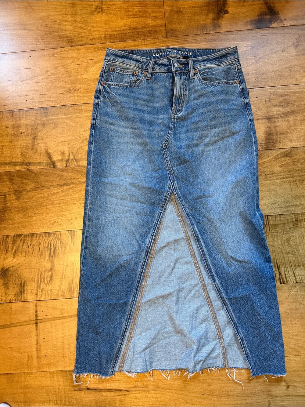 American Eagle Outfitters Blue Denim Straight-Leg Midi Skirt with Front Slit